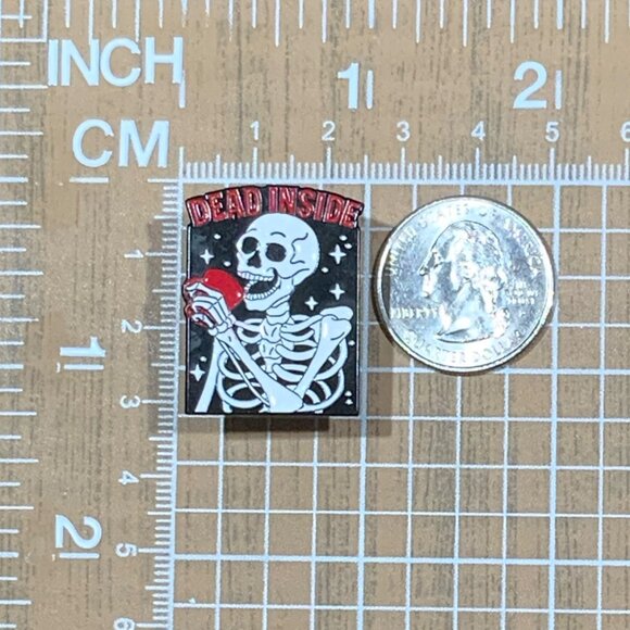 Dead Inside Skeleton With Coffee Enamel Pin Black White Red Punk Goth Funny - Picture 2 of 4